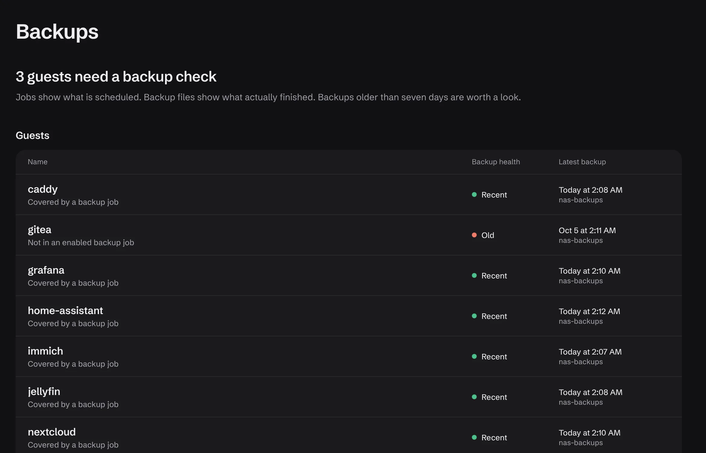 Backups screen, dark.