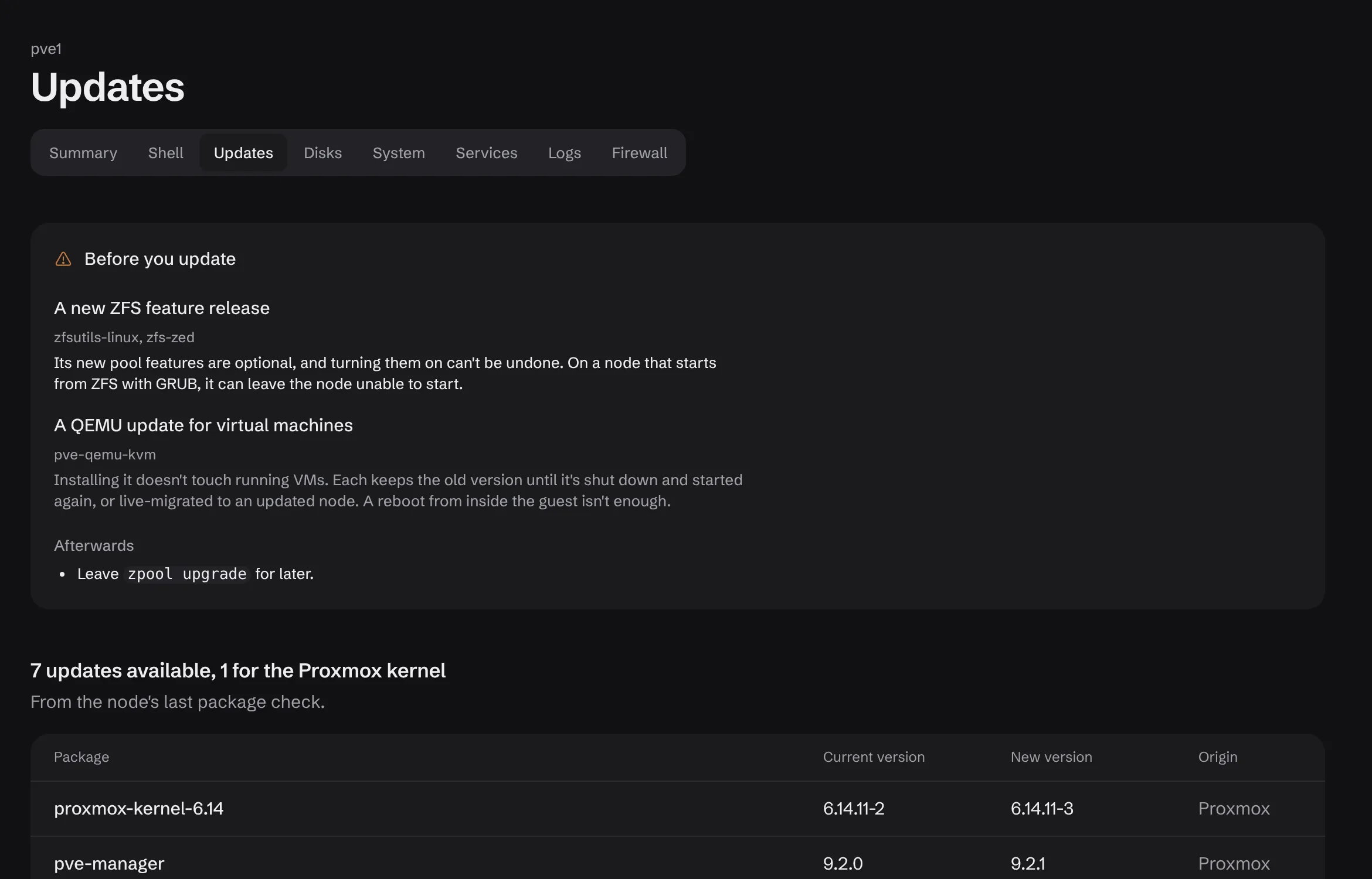 Updates screen, dark.