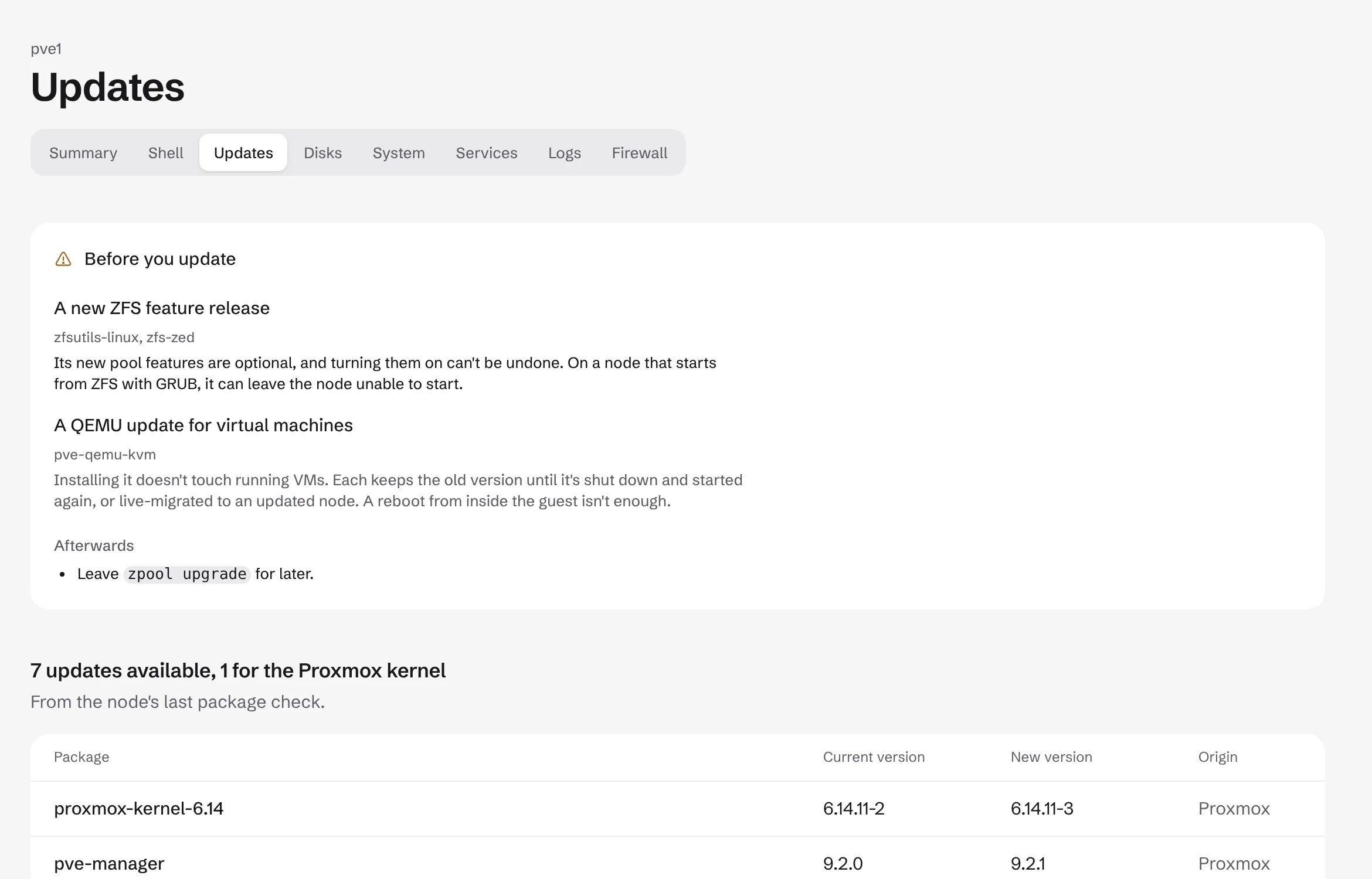 Updates screen with three pending packages and package sources.