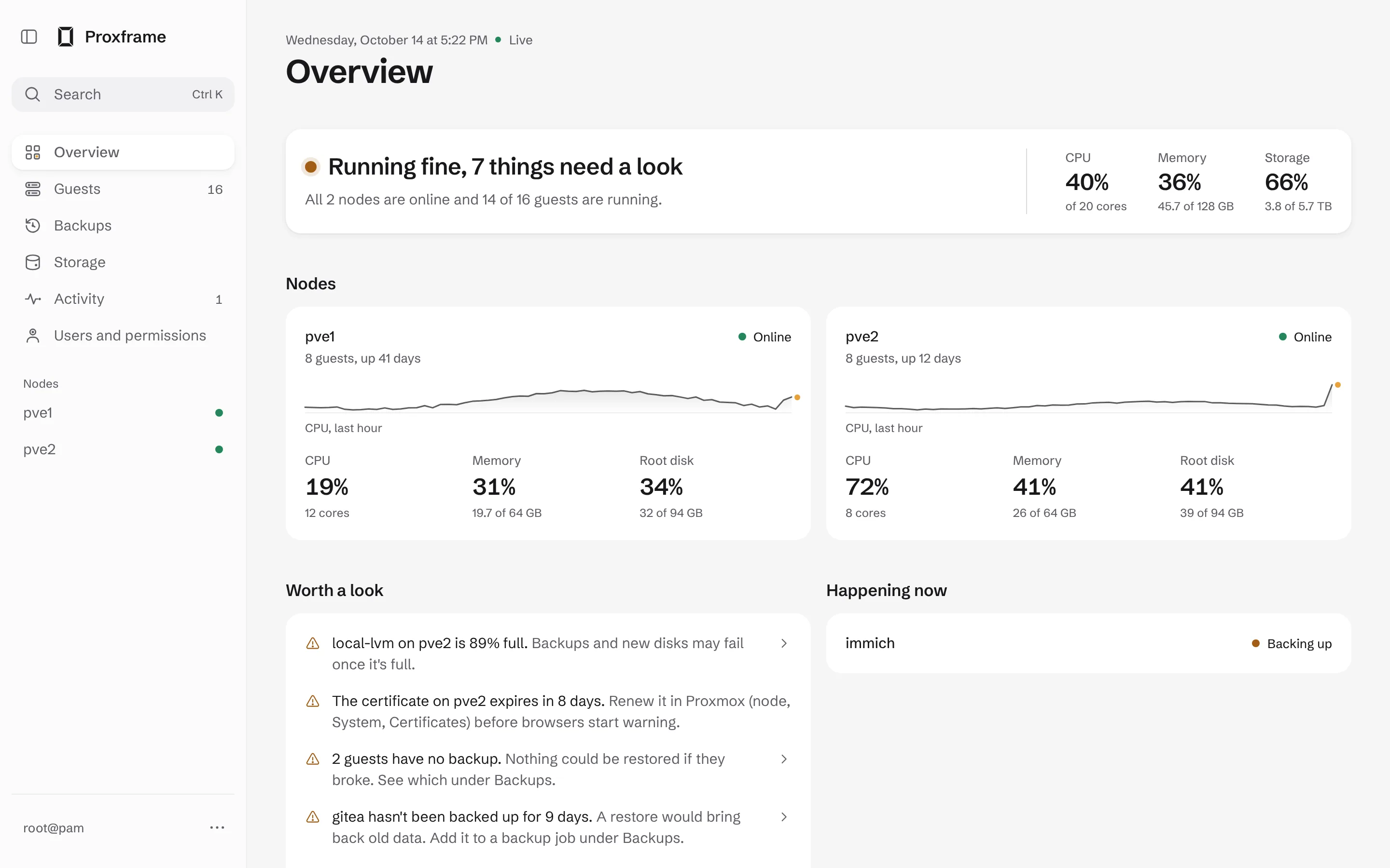 The Proxframe Overview: findings that need a look, with CPU, memory and storage for two nodes.